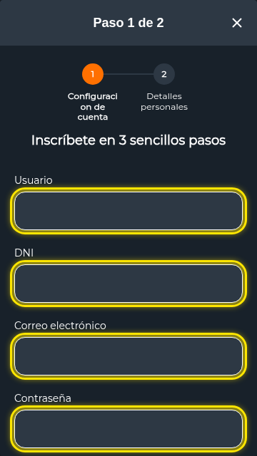 Formulario de registro de Betsur en el celular con los campos usuario, DNI, correo y contraseña marcados en amarillo
